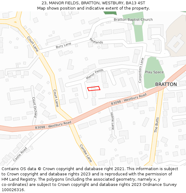 23, MANOR FIELDS, BRATTON, WESTBURY, BA13 4ST: Location map and indicative extent of plot