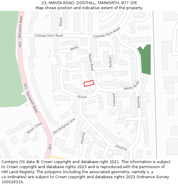 23, MANTA ROAD, DOSTHILL, TAMWORTH, B77 1PE: Location map and indicative extent of plot