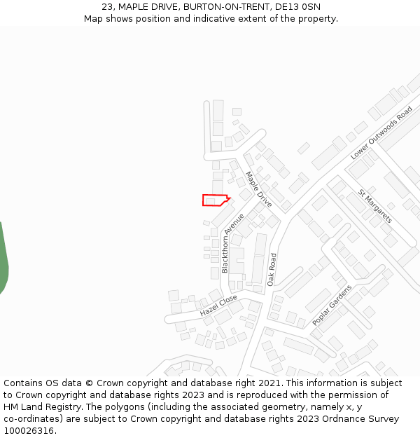 23, MAPLE DRIVE, BURTON-ON-TRENT, DE13 0SN: Location map and indicative extent of plot