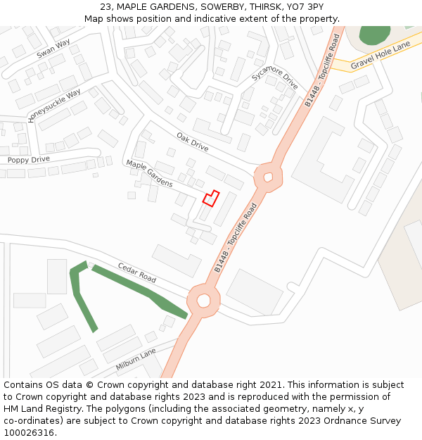 23, MAPLE GARDENS, SOWERBY, THIRSK, YO7 3PY: Location map and indicative extent of plot