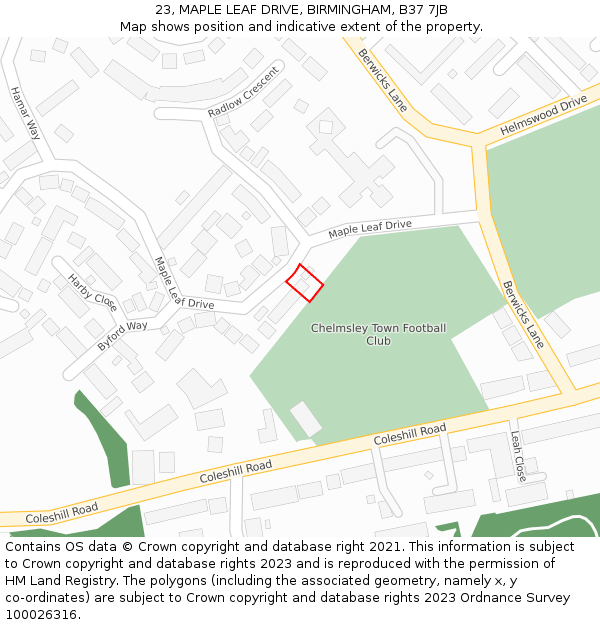 23, MAPLE LEAF DRIVE, BIRMINGHAM, B37 7JB: Location map and indicative extent of plot