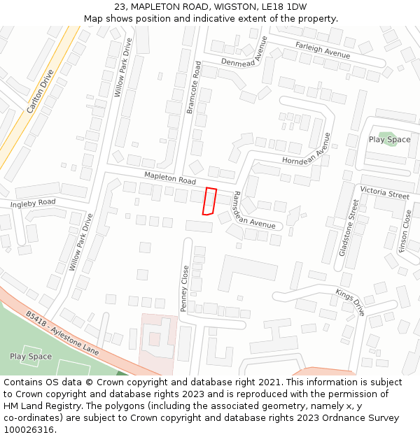 23, MAPLETON ROAD, WIGSTON, LE18 1DW: Location map and indicative extent of plot