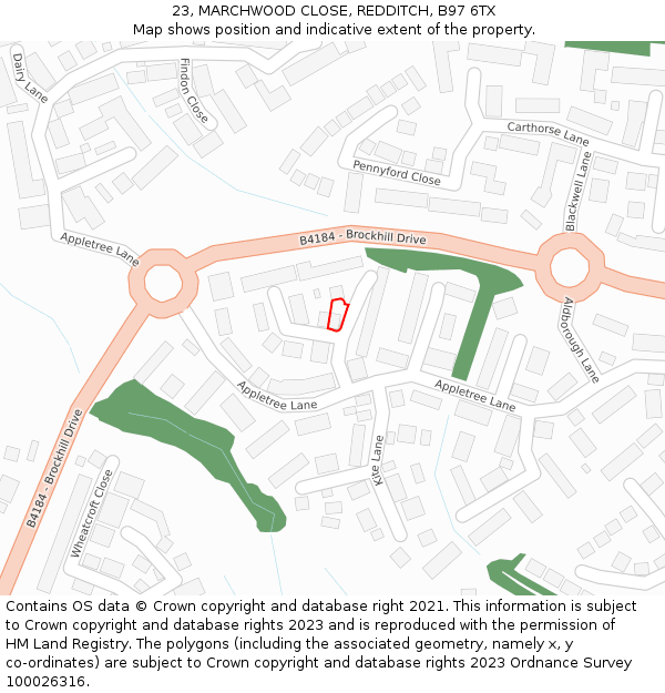 23, MARCHWOOD CLOSE, REDDITCH, B97 6TX: Location map and indicative extent of plot