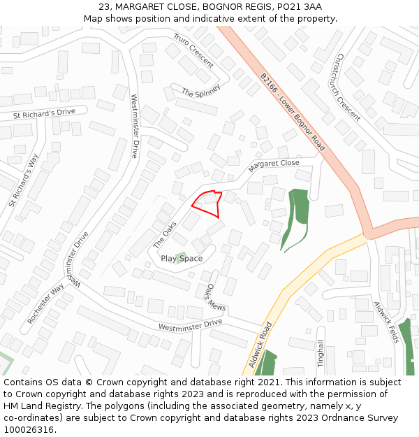 23, MARGARET CLOSE, BOGNOR REGIS, PO21 3AA: Location map and indicative extent of plot
