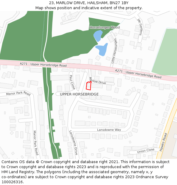 23, MARLOW DRIVE, HAILSHAM, BN27 1BY: Location map and indicative extent of plot