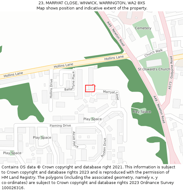 23, MARRYAT CLOSE, WINWICK, WARRINGTON, WA2 8XS: Location map and indicative extent of plot