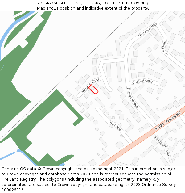 23, MARSHALL CLOSE, FEERING, COLCHESTER, CO5 9LQ: Location map and indicative extent of plot