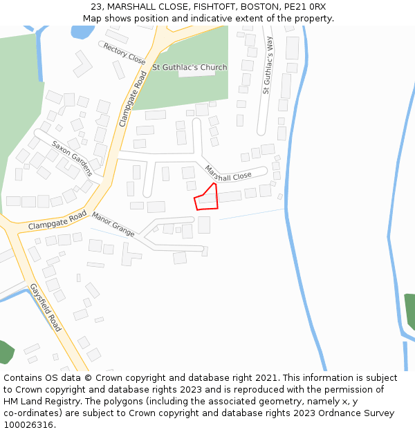 23, MARSHALL CLOSE, FISHTOFT, BOSTON, PE21 0RX: Location map and indicative extent of plot