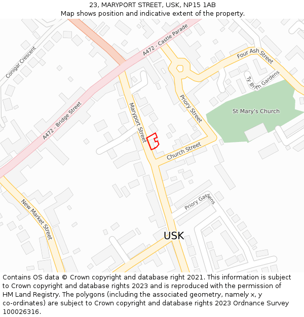 23, MARYPORT STREET, USK, NP15 1AB: Location map and indicative extent of plot