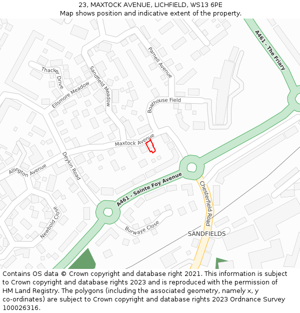 23, MAXTOCK AVENUE, LICHFIELD, WS13 6PE: Location map and indicative extent of plot