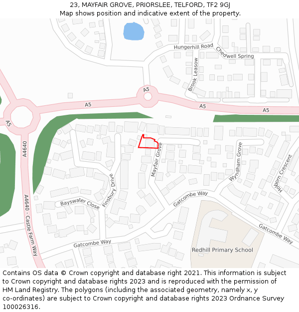 23, MAYFAIR GROVE, PRIORSLEE, TELFORD, TF2 9GJ: Location map and indicative extent of plot