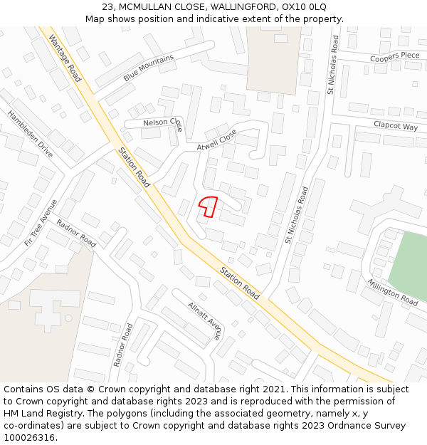 23, MCMULLAN CLOSE, WALLINGFORD, OX10 0LQ: Location map and indicative extent of plot