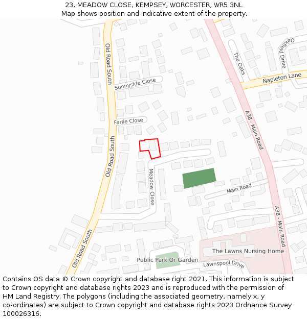 23, MEADOW CLOSE, KEMPSEY, WORCESTER, WR5 3NL: Location map and indicative extent of plot