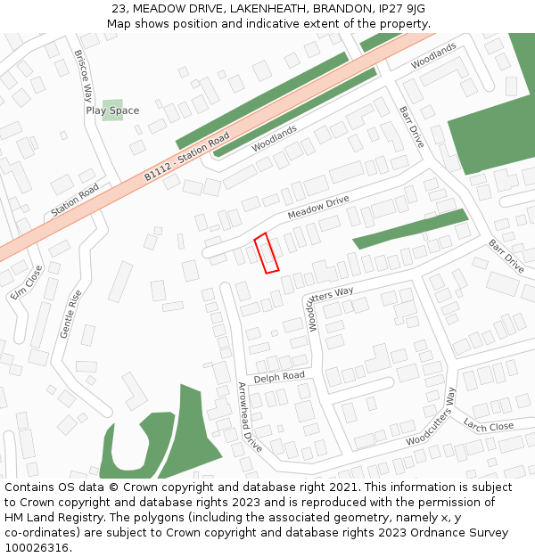 23, MEADOW DRIVE, LAKENHEATH, BRANDON, IP27 9JG: Location map and indicative extent of plot