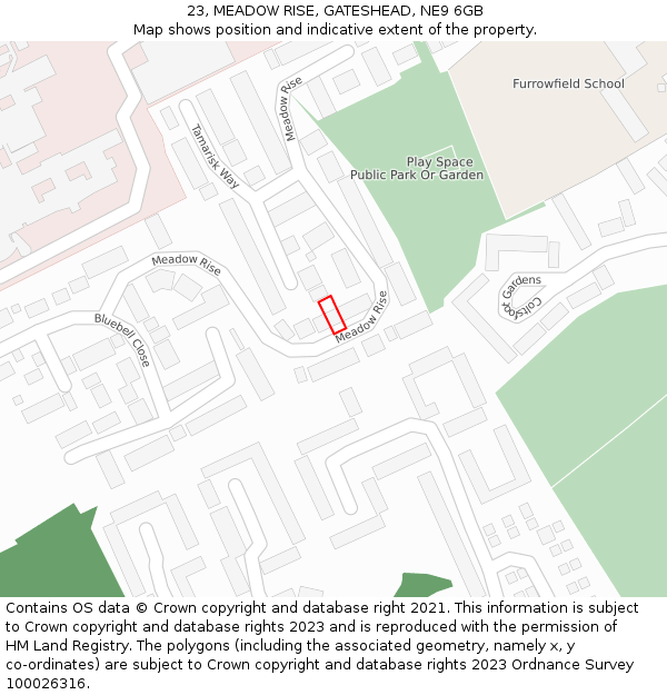 23, MEADOW RISE, GATESHEAD, NE9 6GB: Location map and indicative extent of plot