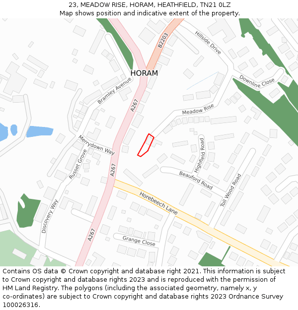 23, MEADOW RISE, HORAM, HEATHFIELD, TN21 0LZ: Location map and indicative extent of plot