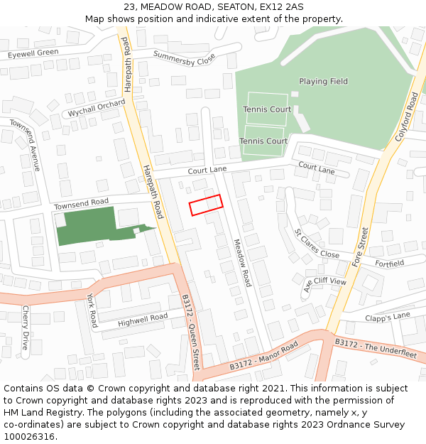 23, MEADOW ROAD, SEATON, EX12 2AS: Location map and indicative extent of plot