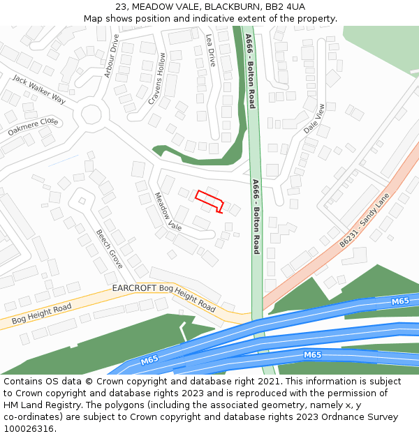 23, MEADOW VALE, BLACKBURN, BB2 4UA: Location map and indicative extent of plot