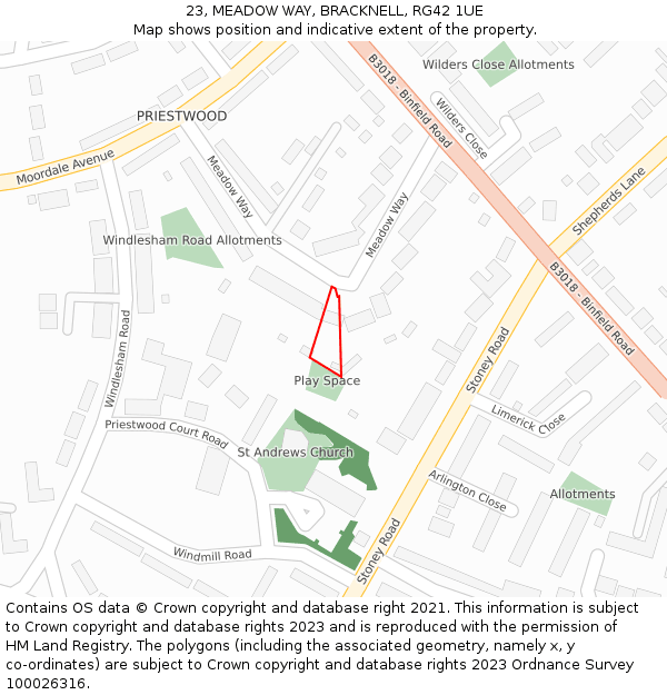23, MEADOW WAY, BRACKNELL, RG42 1UE: Location map and indicative extent of plot
