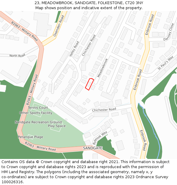 23, MEADOWBROOK, SANDGATE, FOLKESTONE, CT20 3NY: Location map and indicative extent of plot