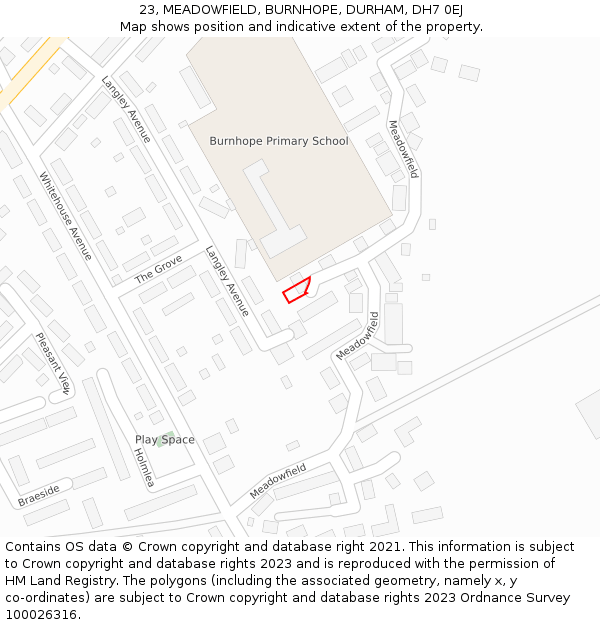 23, MEADOWFIELD, BURNHOPE, DURHAM, DH7 0EJ: Location map and indicative extent of plot