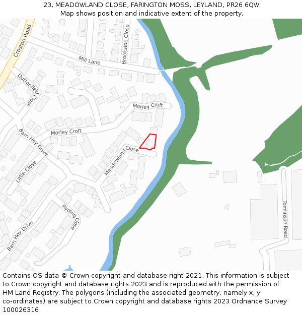 23, MEADOWLAND CLOSE, FARINGTON MOSS, LEYLAND, PR26 6QW: Location map and indicative extent of plot