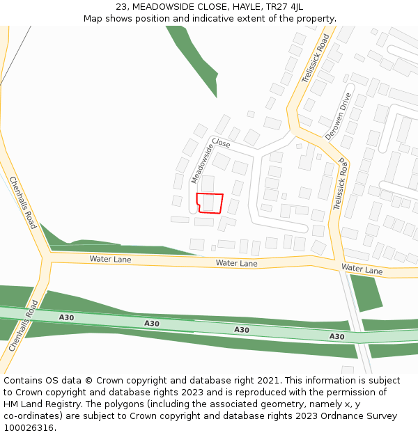 23, MEADOWSIDE CLOSE, HAYLE, TR27 4JL: Location map and indicative extent of plot