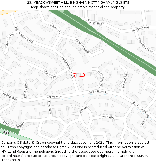 23, MEADOWSWEET HILL, BINGHAM, NOTTINGHAM, NG13 8TS: Location map and indicative extent of plot