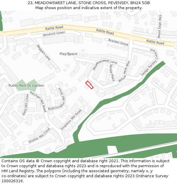 23, MEADOWSWEET LANE, STONE CROSS, PEVENSEY, BN24 5GB: Location map and indicative extent of plot