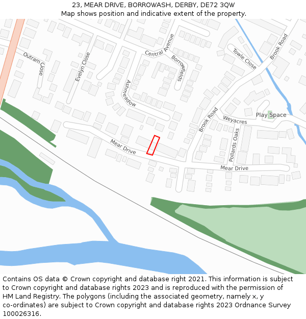 23, MEAR DRIVE, BORROWASH, DERBY, DE72 3QW: Location map and indicative extent of plot