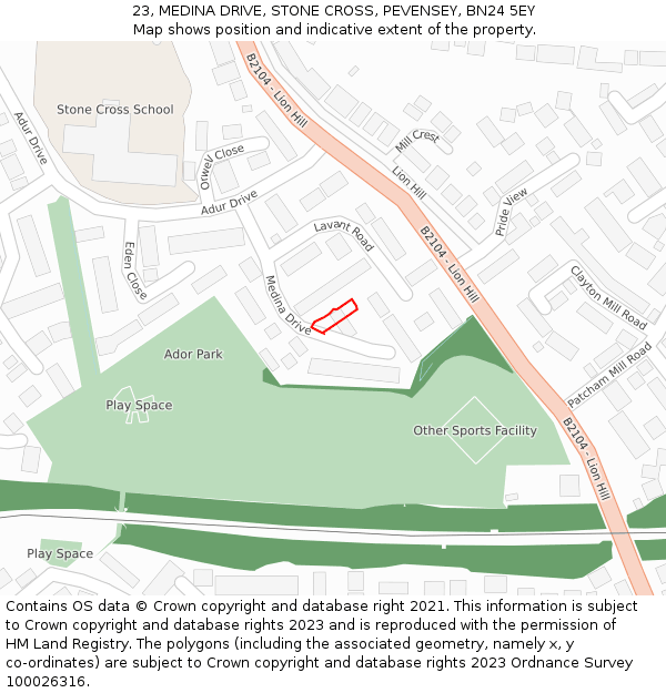23, MEDINA DRIVE, STONE CROSS, PEVENSEY, BN24 5EY: Location map and indicative extent of plot