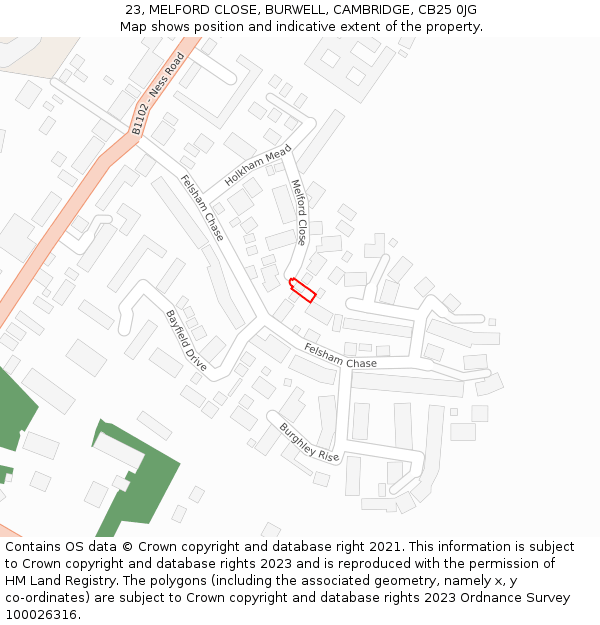 23, MELFORD CLOSE, BURWELL, CAMBRIDGE, CB25 0JG: Location map and indicative extent of plot