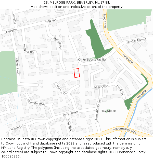 23, MELROSE PARK, BEVERLEY, HU17 8JL: Location map and indicative extent of plot