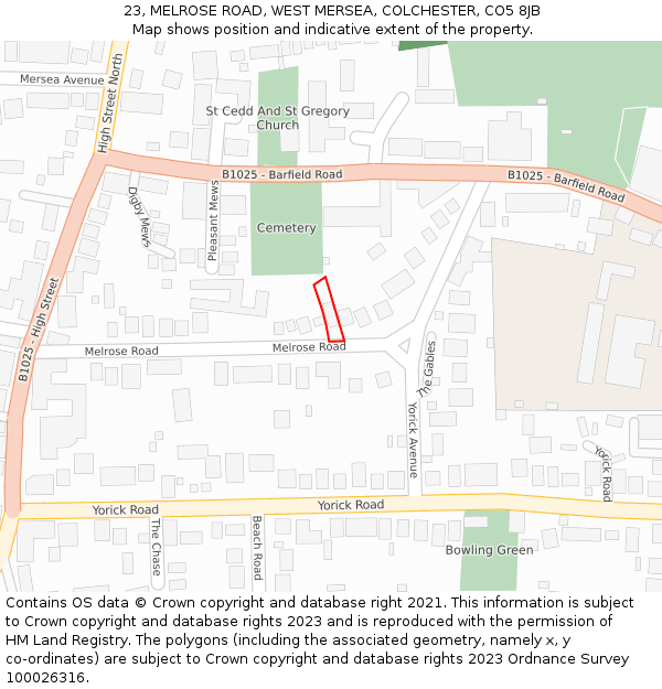 23, MELROSE ROAD, WEST MERSEA, COLCHESTER, CO5 8JB: Location map and indicative extent of plot