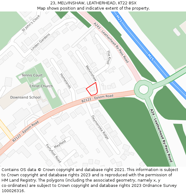 23, MELVINSHAW, LEATHERHEAD, KT22 8SX: Location map and indicative extent of plot