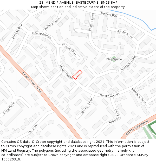 23, MENDIP AVENUE, EASTBOURNE, BN23 8HP: Location map and indicative extent of plot