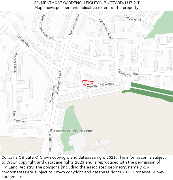 23, MENTMORE GARDENS, LEIGHTON BUZZARD, LU7 2LT: Location map and indicative extent of plot