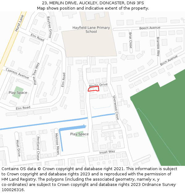 23, MERLIN DRIVE, AUCKLEY, DONCASTER, DN9 3FS: Location map and indicative extent of plot