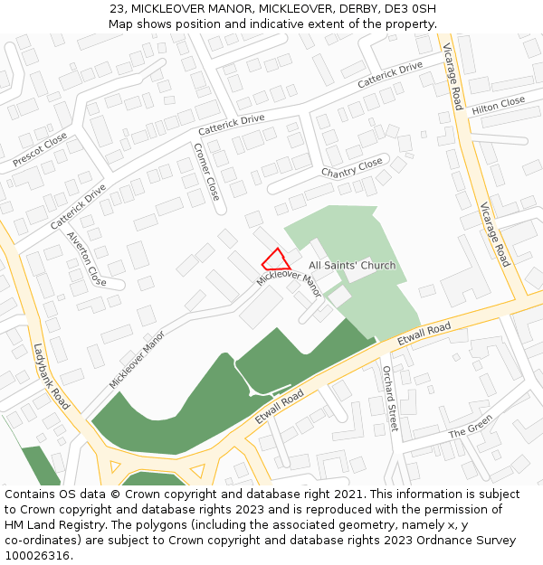 23, MICKLEOVER MANOR, MICKLEOVER, DERBY, DE3 0SH: Location map and indicative extent of plot