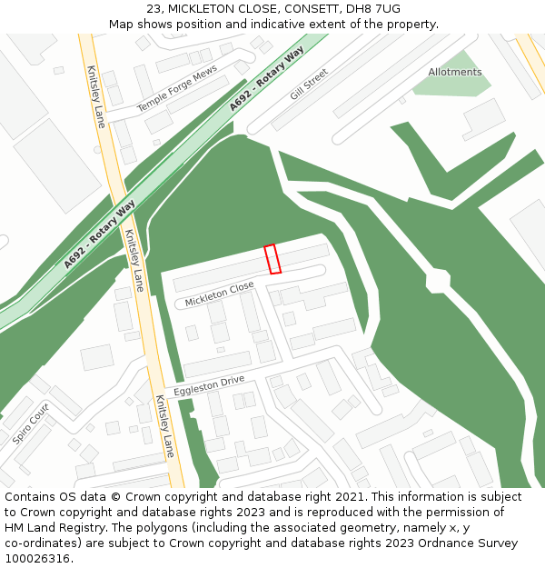 23, MICKLETON CLOSE, CONSETT, DH8 7UG: Location map and indicative extent of plot