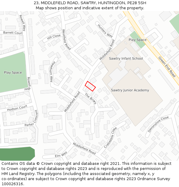 23, MIDDLEFIELD ROAD, SAWTRY, HUNTINGDON, PE28 5SH: Location map and indicative extent of plot