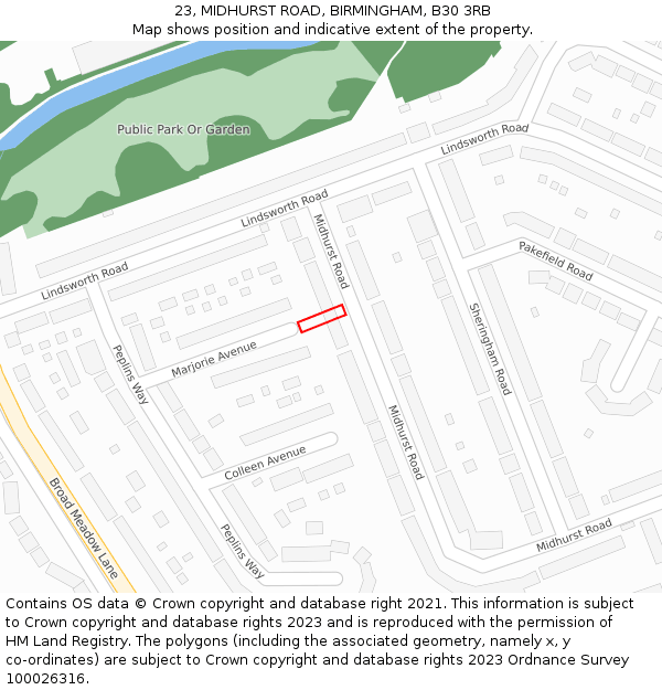 23, MIDHURST ROAD, BIRMINGHAM, B30 3RB: Location map and indicative extent of plot