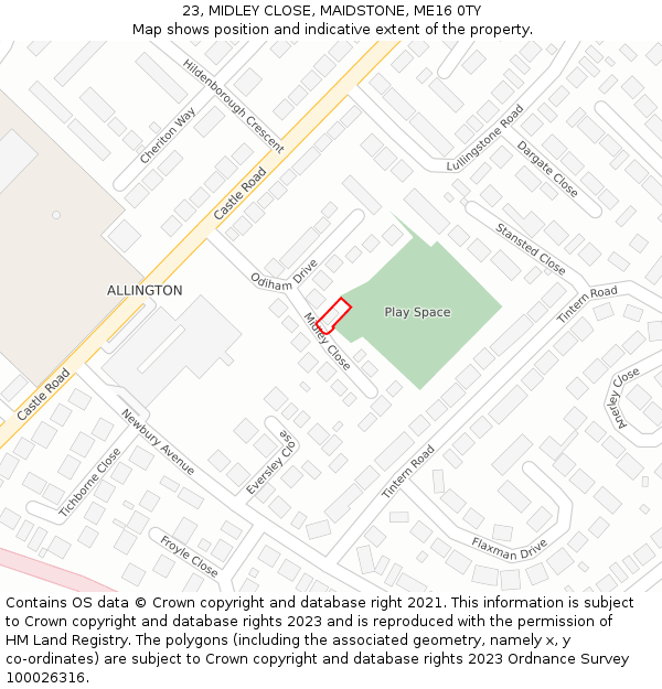 23, MIDLEY CLOSE, MAIDSTONE, ME16 0TY: Location map and indicative extent of plot