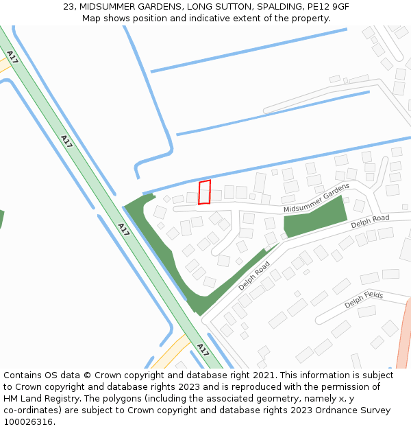 23, MIDSUMMER GARDENS, LONG SUTTON, SPALDING, PE12 9GF: Location map and indicative extent of plot