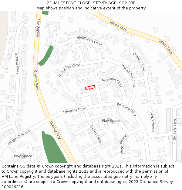 23, MILESTONE CLOSE, STEVENAGE, SG2 9RR: Location map and indicative extent of plot
