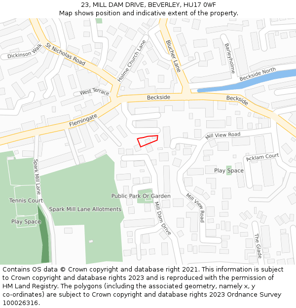 23, MILL DAM DRIVE, BEVERLEY, HU17 0WF: Location map and indicative extent of plot