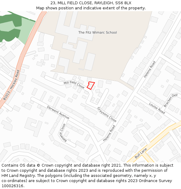 23, MILL FIELD CLOSE, RAYLEIGH, SS6 8LX: Location map and indicative extent of plot