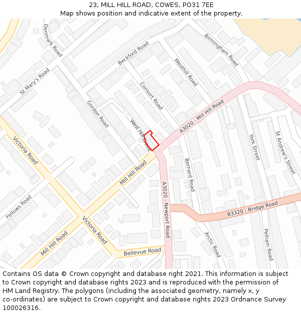 23, MILL HILL ROAD, COWES, PO31 7EE: Location map and indicative extent of plot