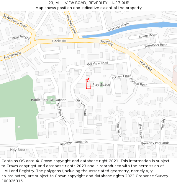 23, MILL VIEW ROAD, BEVERLEY, HU17 0UP: Location map and indicative extent of plot