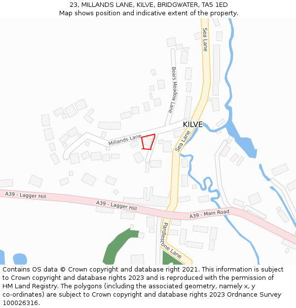 23, MILLANDS LANE, KILVE, BRIDGWATER, TA5 1ED: Location map and indicative extent of plot